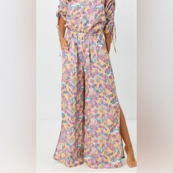 NEW LA PORTE Multicolor Swirl Print Linen Shirt Top Paperbag Pants Set Small S - Picture 1 of 16